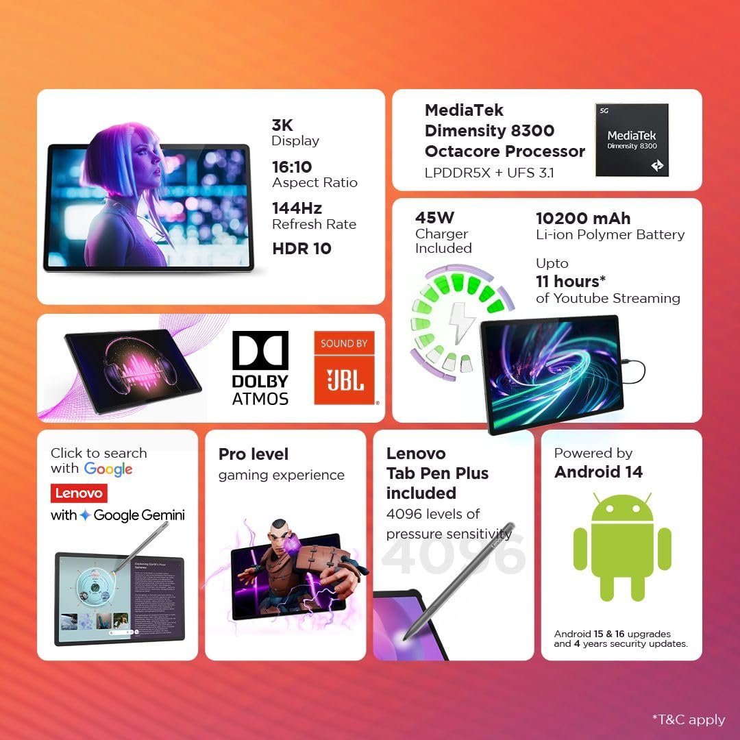 Lenovo {Smartchoice} Idea Tab Pro with Pen Plus|12.7" 3K Display|144 Hz Refresh|12 GB RAM, 256 GB ROM| AI-Enabled| MediaTek Dimensity 8300|Quad JBL Speakers|10200 mAh Battery with 45 W Charger|WiFi 6e - Image 2